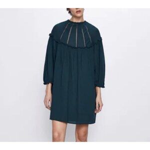 Zara 100% Cotton Long Sleeve Green Billowy Baby Doll Dress High Neck Size Medium
